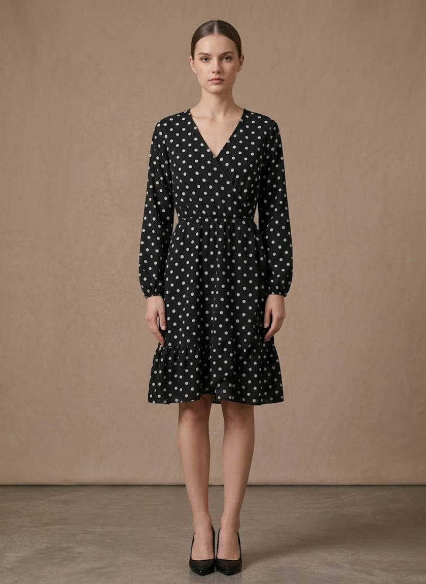 FJØRNA women's polka dot mini dress, lightweight summer dress with comfortable fit, featuring a playful polka dot pattern.