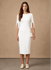 Women's slim fit pearl sleeve midi dress by FJØRNA featuring elegant design and split sleeves, perfect for sophisticated occasions.