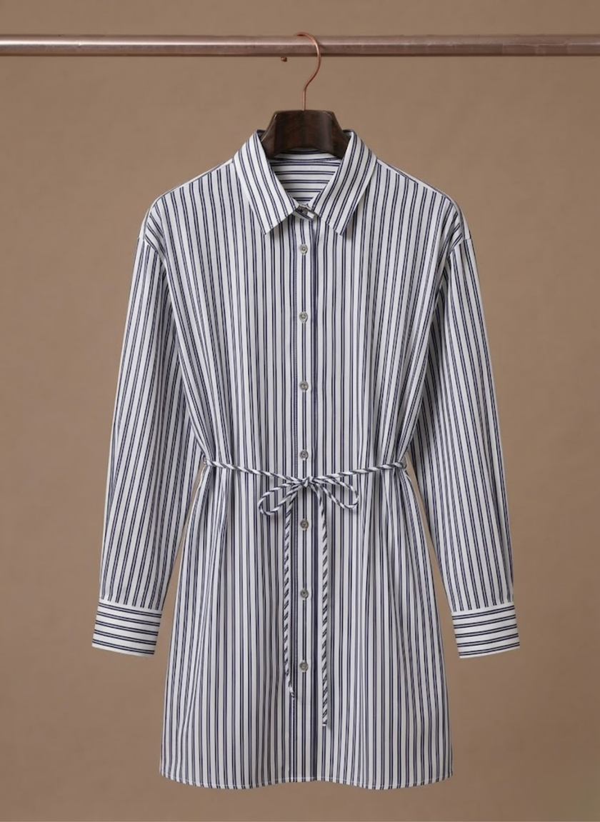 Women's striped midi shirt dress with tie waist and long sleeves by FJØRNA, casual style, shown with a relaxed fit.