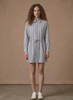 Women's striped midi shirt dress by FJØRNA with tie waist, long sleeves, casual style, and button-front design.