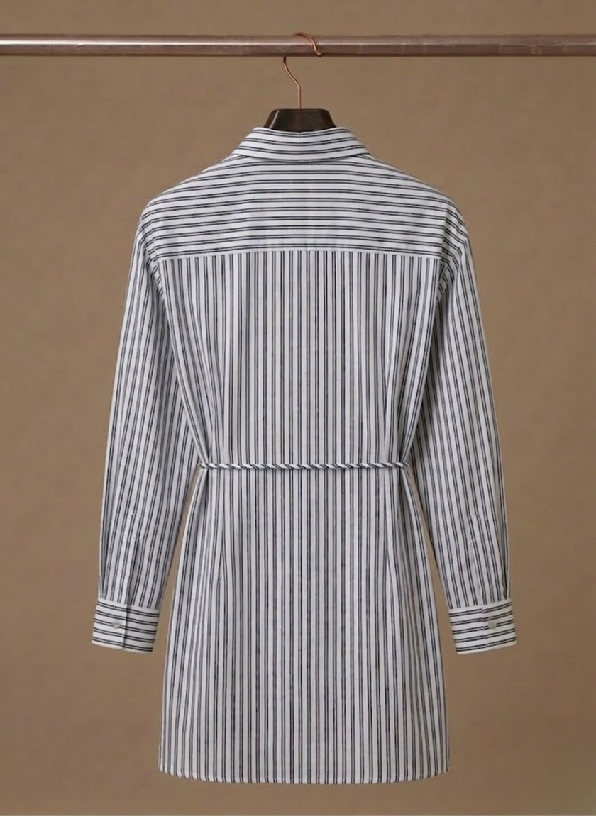FJØRNA women's striped midi shirt dress with tie waist and long sleeves, casual style, featuring a button-front design.