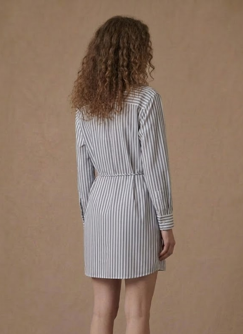 Women's striped midi shirt dress by FJØRNA with tie waist and long sleeves, casual style perfect for everyday wear.