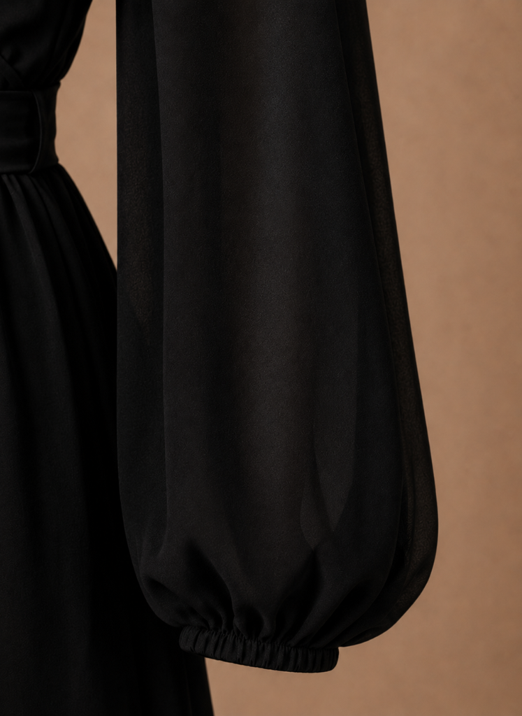 Elegant women's wrap dress by FJØRNA with long sleeves, suitable for wedding guests, featuring a flattering fit and stylish design.