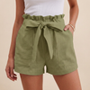 Army green women's summer linen shorts with high waist and pockets by FJØRNA, casual and comfortable for warm weather.
