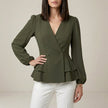 Army green FJØRNA women's V-neck long sleeve denim wrap blouse, stylish summer top with a flattering fit and wrap design.