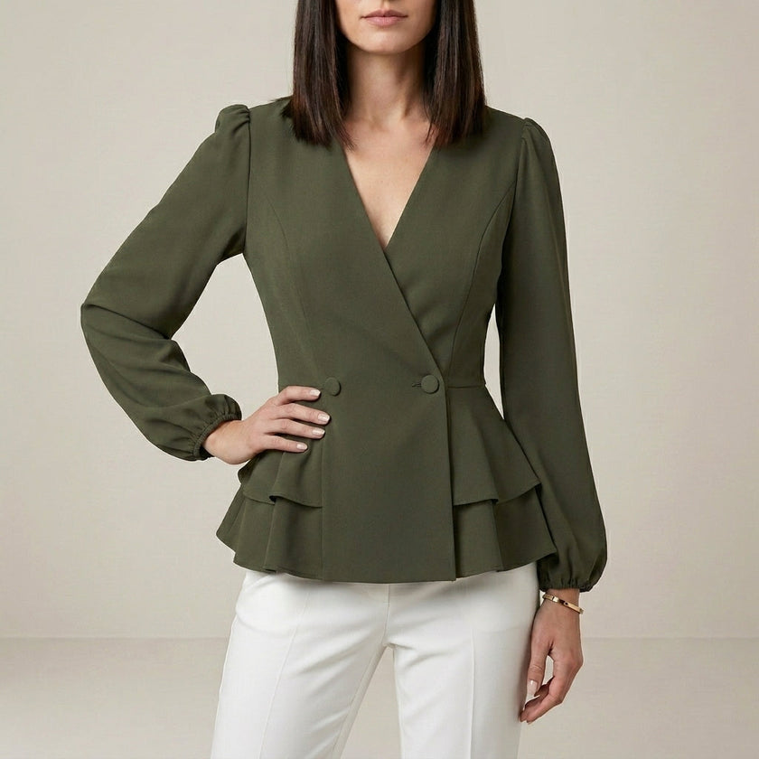 Army green FJØRNA women's V-neck long sleeve denim wrap blouse, stylish summer top with a flattering fit and wrap design.