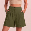 Army green women's summer shorts by FJØRNA with high waist, linen fabric, pockets, and breathable design.