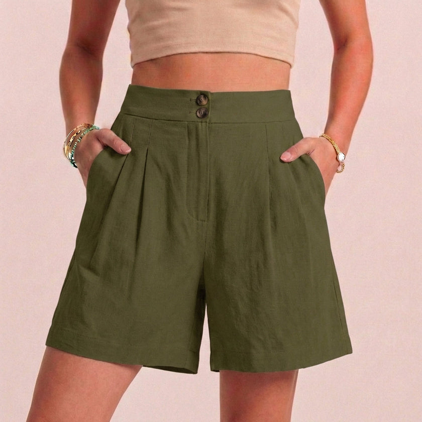 Army green women's summer shorts by FJØRNA with high waist, linen fabric, pockets, and breathable design.
