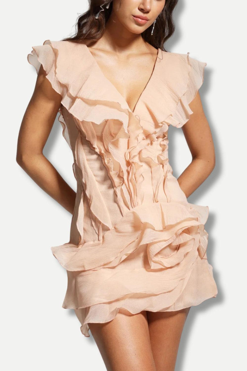 FJØRNA asymmetric ruffled women's mini dress, stylish party and day wear with layered ruffle design.