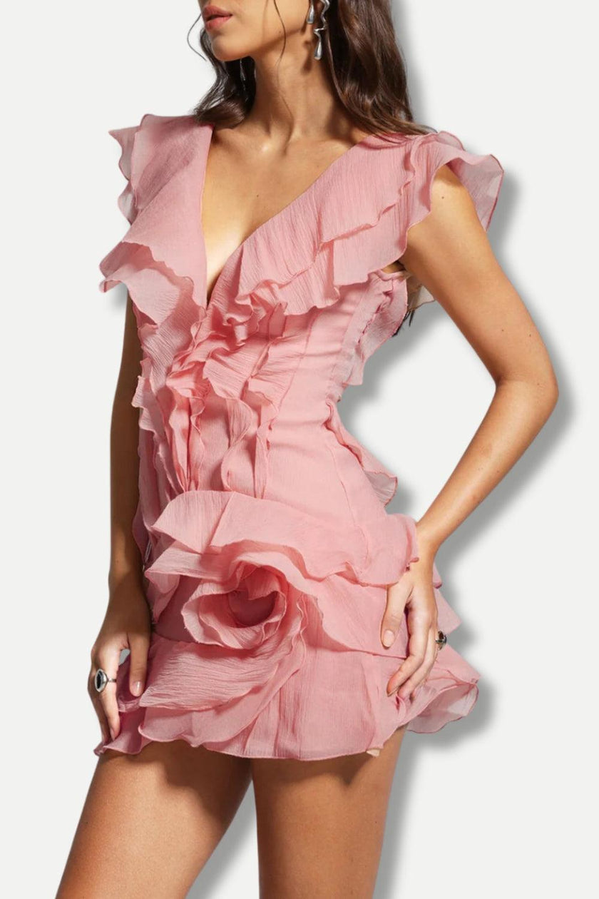 FJØRNA asymmetric ruffled mini dress for women, featuring a stylish ruffle design, perfect for party or daytime wear.