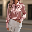 Aurora pink high neck long sleeve summer blouse for women by FJØRNA, featuring a stylish and comfortable top.