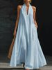 Women’s FJØRNA Aveline halter maxi dress with flowy A-line silhouette, lightweight fabric, perfect for casual or summer wear.