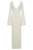 FJØRNA Studio | Crochet Maxi Dress with Flared Sleeves & Gold Details