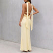 FJØRNA bodycon halter neck maxi dress for women, showing back detail with fitted silhouette and flowing length.
