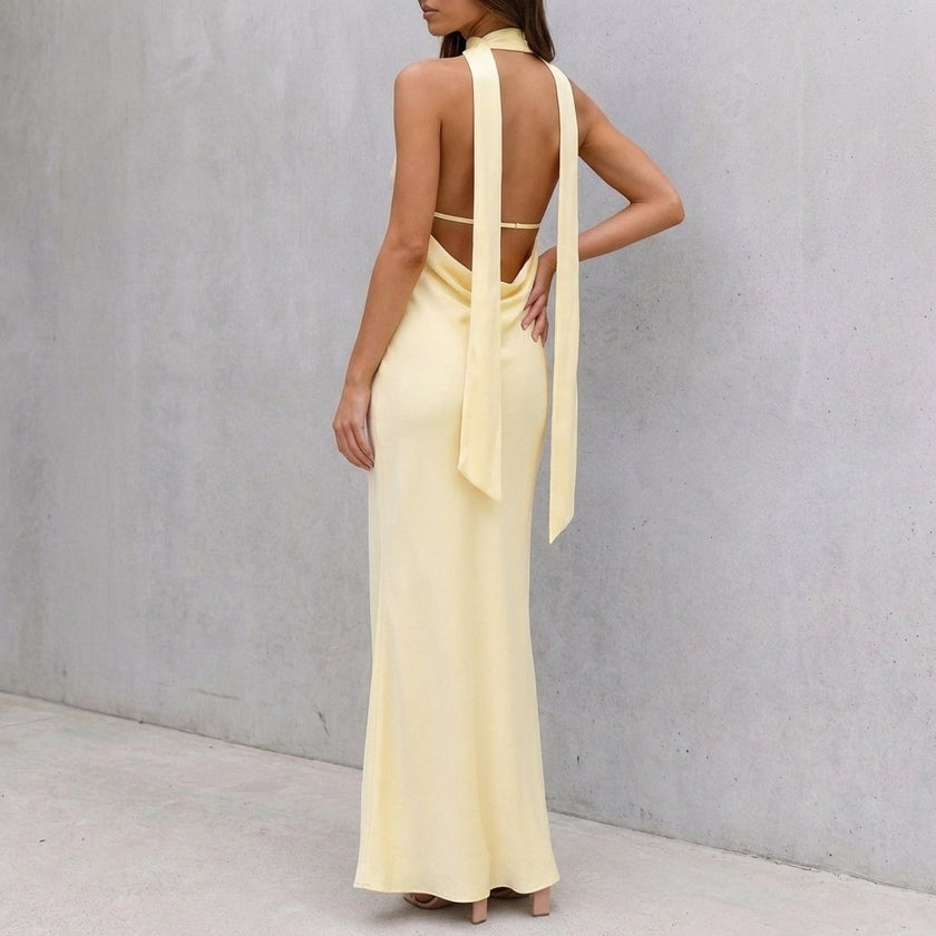FJØRNA bodycon halter neck maxi dress for women, showing back detail with fitted silhouette and flowing length.