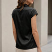 FJØRNA women's satin summer blouse with cowl neck, short sleeves, back detail, stylish and lightweight for warm weather.