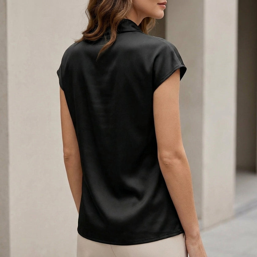 FJØRNA women's satin summer blouse with cowl neck, short sleeves, back detail, stylish and lightweight for warm weather.