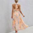 FJØRNA pleated belted A-line halter neck maxi dress showing back details and flowing fabric for women.