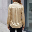 FJØRNA women's summer blouse with V-neck, long sleeves, and button front, shown from the back. Lightweight and stylish top.