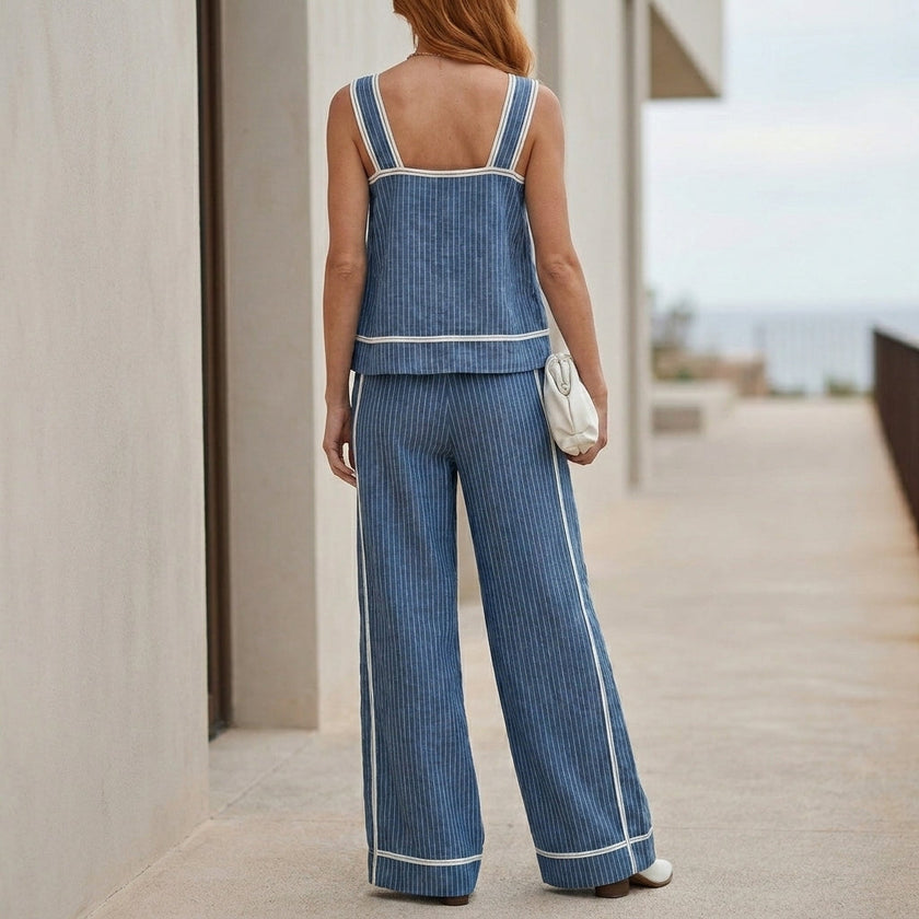 FJØRNA coastal stripe sleeveless top and wide-leg pant set shown from the back, featuring lightweight fabric and relaxed fit.
