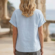 FJØRNA women's summer V-neck short sleeve denim blouse shown from the back, casual and stylish for warm weather.