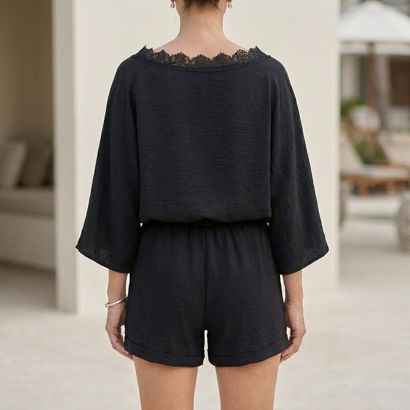 FJØRNA two-piece set with eyelet lace trim, relaxed silhouette, and back view showcasing comfortable, stylish casual outfit.