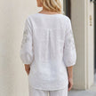 FJØRNA women's floral summer blouse with puff sleeves, back view, lightweight and stylish top for warm weather.