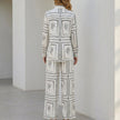 Back view of FJØRNA desert sketch print relaxed shirt and wide-leg pants 2-piece set, featuring a casual, comfortable style.