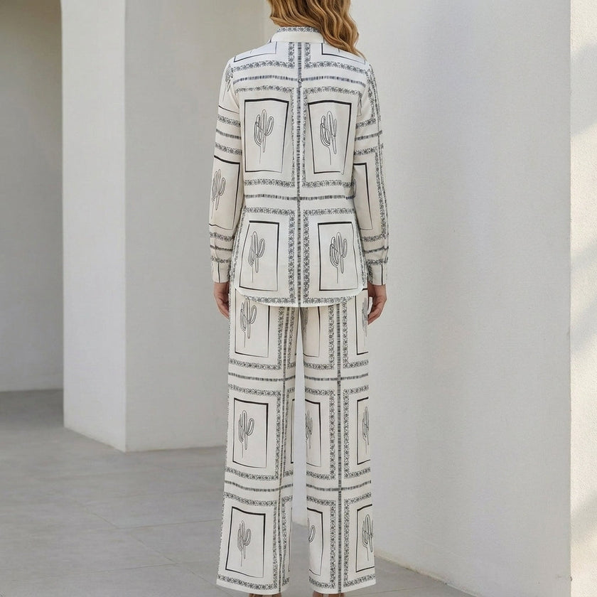 Back view of FJØRNA desert sketch print relaxed shirt and wide-leg pants 2-piece set, featuring a casual, comfortable style.