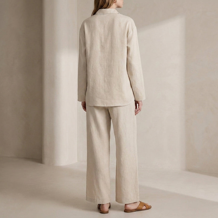 Back view of FJØRNA women's summer two-piece wide-leg co-ord set, featuring a stylish matching top and pants ensemble.