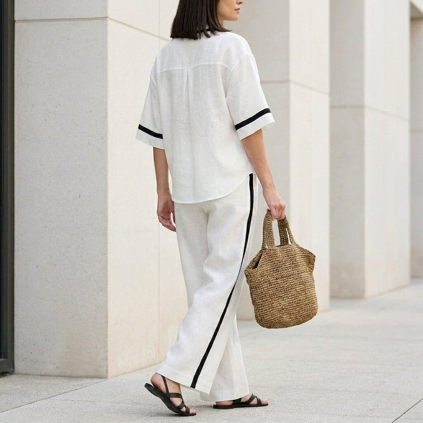FJØRNA Coastal Chic contrast trim top and wide-leg pants set, back view showing stylish two-piece outfit with trim details.