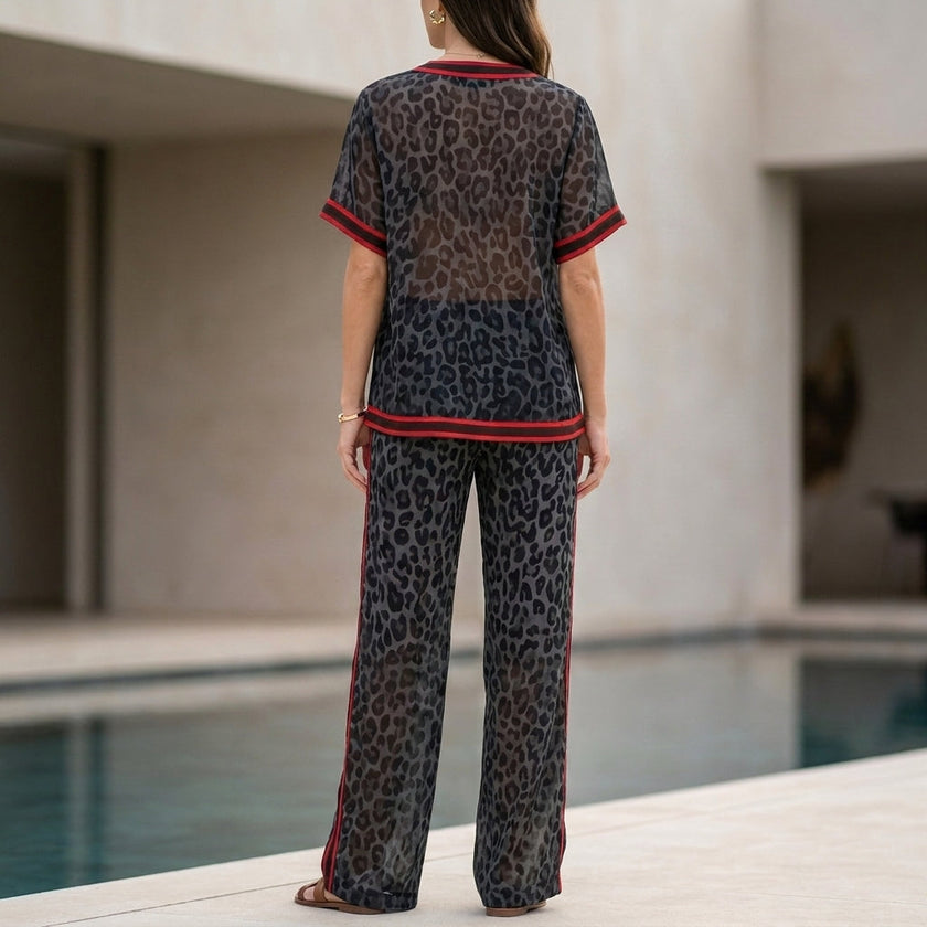 FJØRNA leopard print chiffon lounge set with relaxed wide-leg silhouette, shown from the back in a stylish 2-piece ensemble.