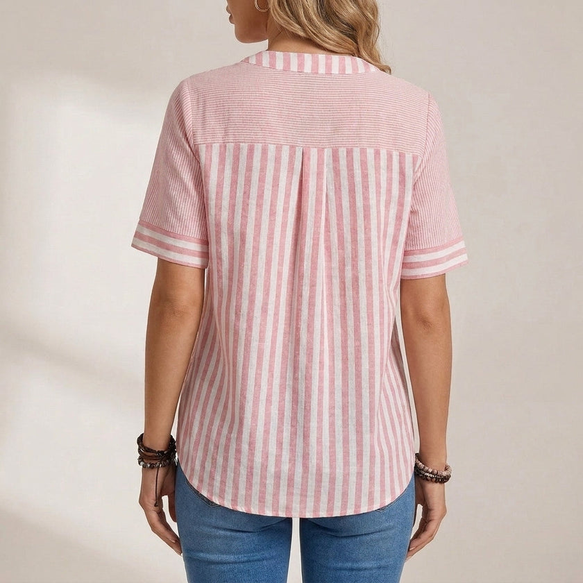 FJØRNA women's summer blouse with striped short sleeves, back view showing lightweight fabric and casual fit.