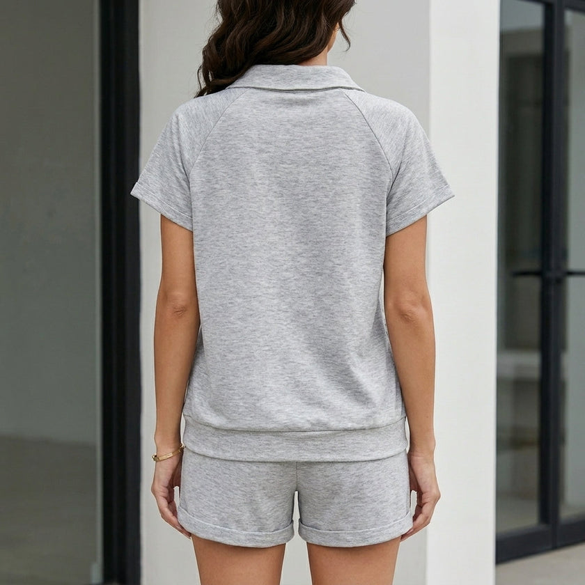 FJØRNA relaxed collared lounge set with drawstring shorts, back view showing soft fabric and casual fit in a cozy 2-piece design.