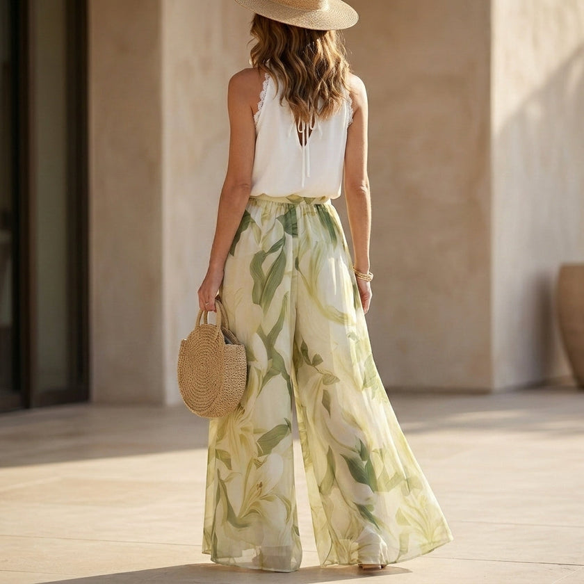 FJØRNA seaside halter top and flowing palazzo pants resort set, back view showing lightweight fabric and stylish design.
