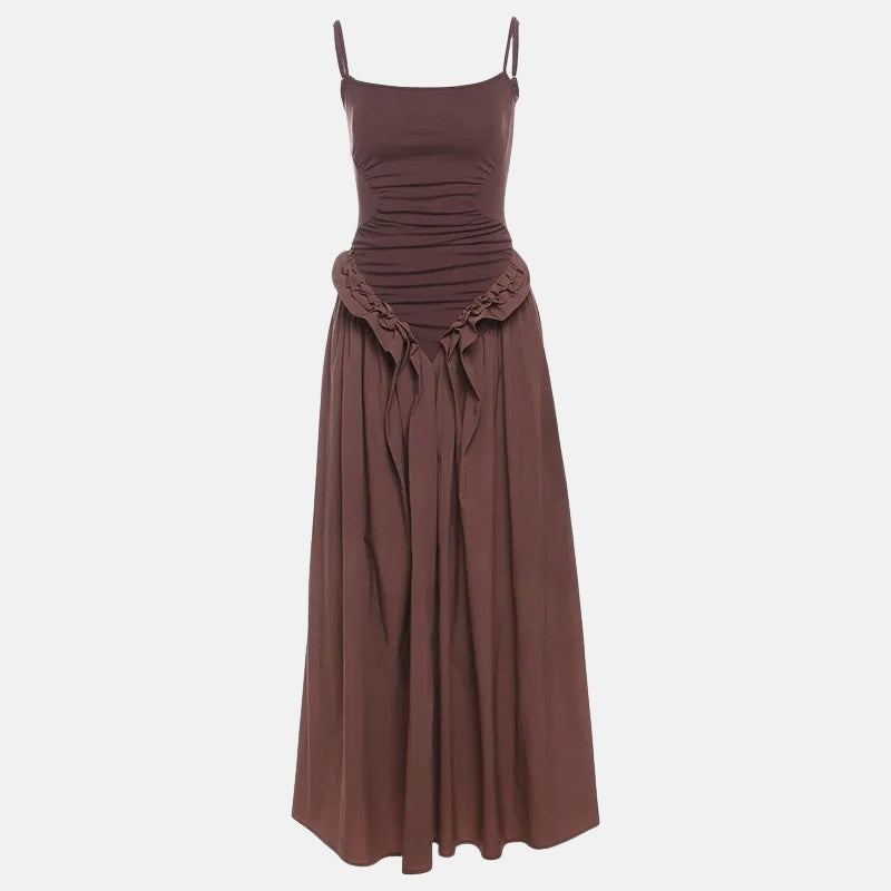FJØRNA women's Basque waist dress in mini, midi, and maxi styles, showcasing a fitted bodice and elegant silhouette.