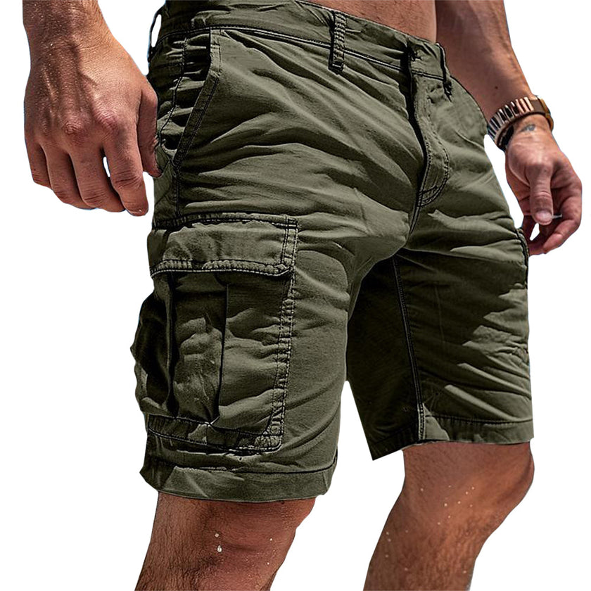 Men's lightweight cotton cargo shorts by FJØRNA with breathable fabric and multiple pockets, perfect for casual wear.