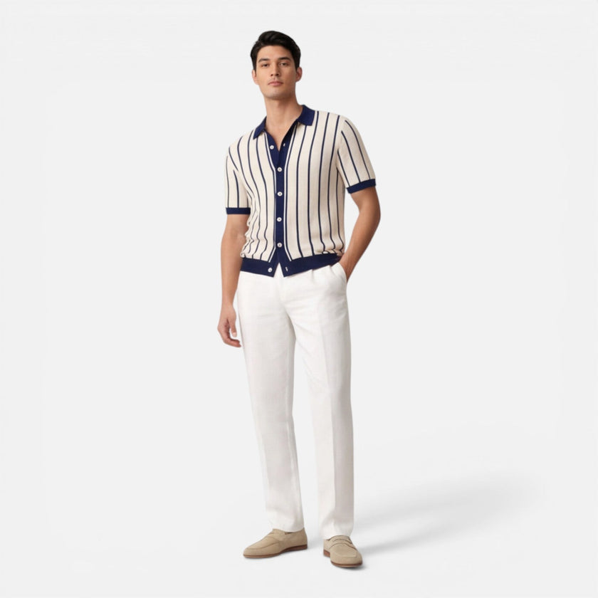 Men's beige and blue striped knit polo shirt by FJØRNA, lightweight summer classic fit men's shirt, casual and comfortable style.