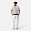 Beige and blue striped men's knit polo shirt by FJØRNA, lightweight summer shirt with a classic fit and breathable fabric.