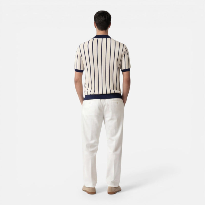 Beige and blue striped men's knit polo shirt by FJØRNA, lightweight summer shirt with a classic fit and breathable fabric.