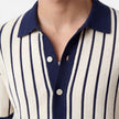 Beige and blue striped men's knit polo shirt by FJØRNA, lightweight summer shirt with a classic fit, short sleeves and collar.