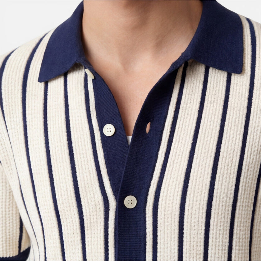 Beige and blue striped men's knit polo shirt by FJØRNA, lightweight summer shirt with a classic fit, short sleeves and collar.