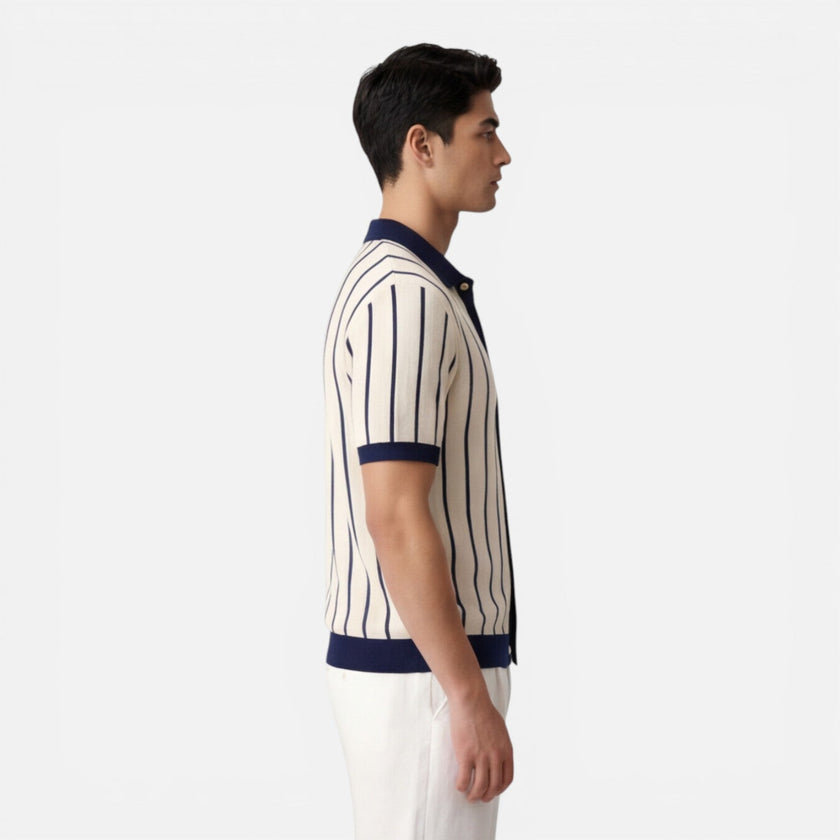 Men's beige and blue striped knit polo shirt by FJØRNA, lightweight summer classic fit men's shirt.