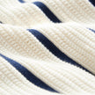 Men's striped knit polo shirt by FJØRNA featuring beige and blue lightweight summer fabric and classic fit style.