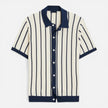 Men's lightweight striped knit polo shirt in beige and blue by FJØRNA, featuring a classic fit and summer-ready design.