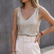 Beige FJØRNA sequin sleeveless women's V-neck top with all-over embellishments, stylish and shimmering for elegant occasions.