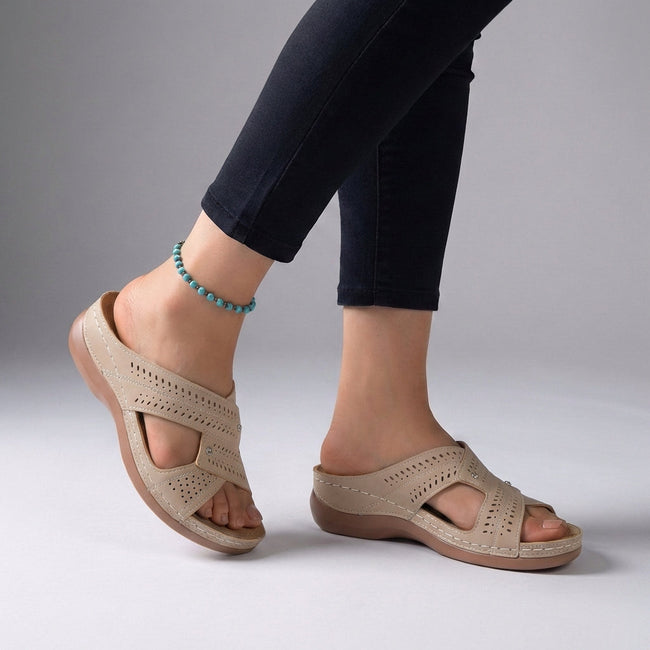 Beige orthopedic open toe wedge sandals with T-strap and rhinestones by FJØRNA, showing the stylish design and comfortable sole.