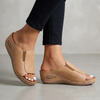 Beige orthopedic wedge open-toe slide sandals for women by FJØRNA, featuring a comfortable design and open toe style.
