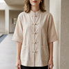 Beige summer blouse for women by FJØRNA with denim pockets, casual top perfect for warm weather and relaxed styles.