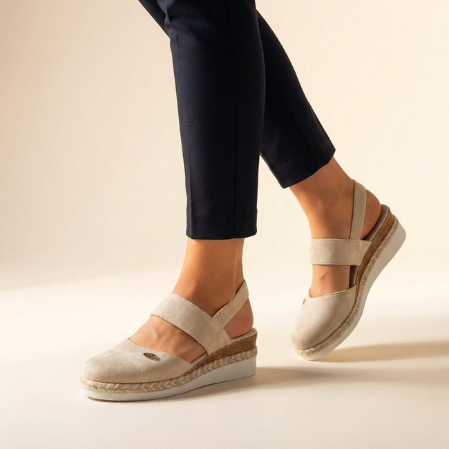 Beige orthopedic platform espadrille sandals for women by FJØRNA, featuring thick sole and woven espadrille details.